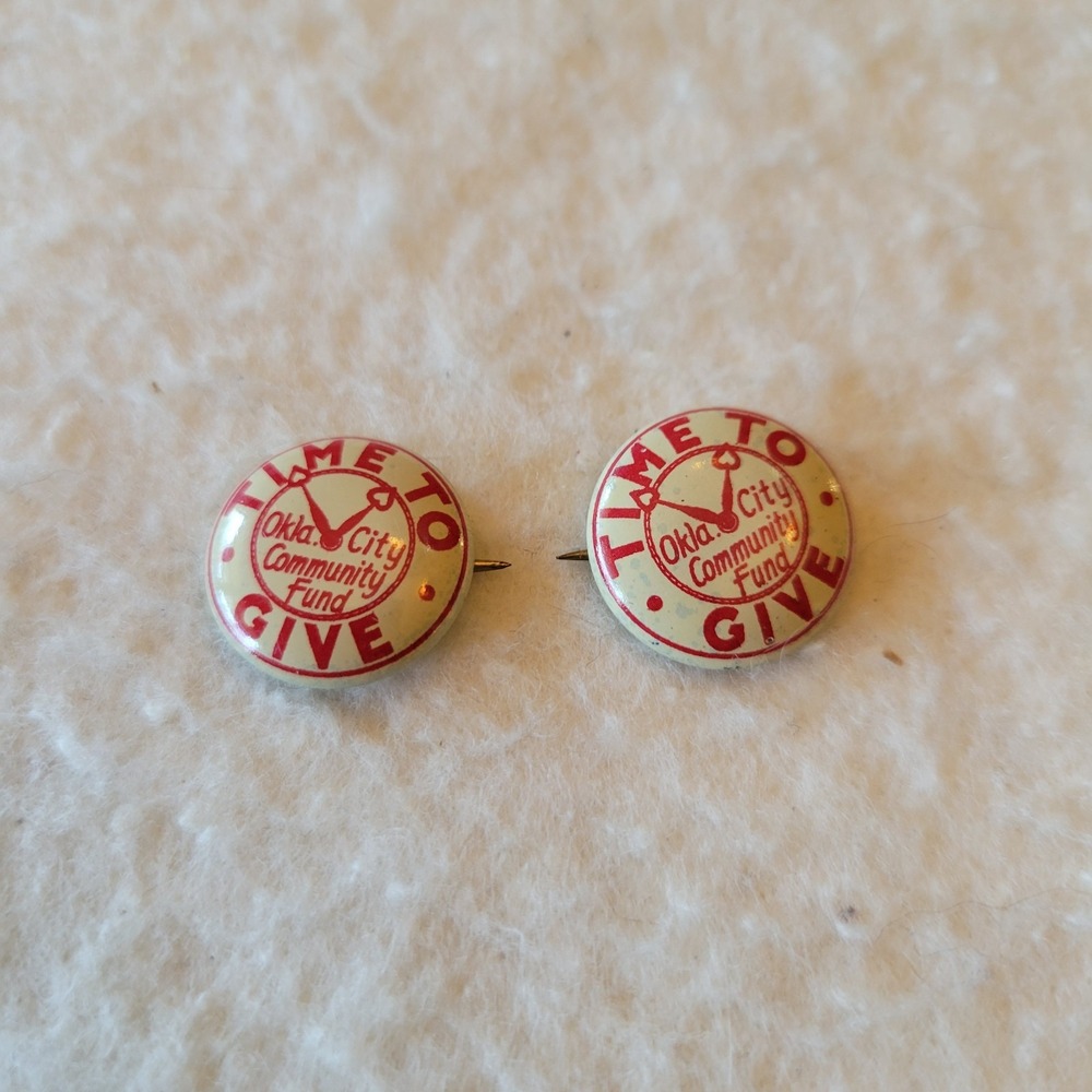 Vintage Oklahoma City, OK "Time To Give" Community Fun Set Of 2 Tin‎ Pins